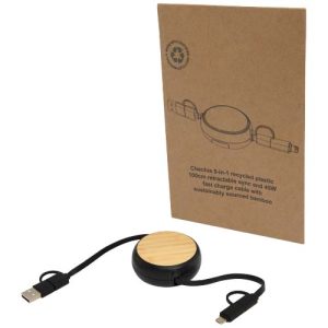 Cable retráctil 5 en 1 de plástico reciclado de 100 cm para sincronización de datos y carga rápida de 45 W con detalles de bambú 'Chechia'