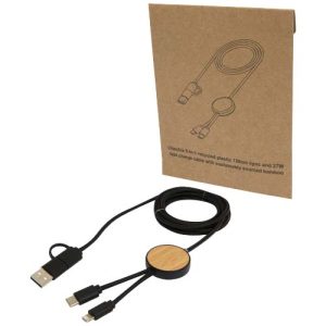 Cable 5 en 1 de plástico reciclado de 150 cm para sincronización de datos y carga rápida de 27 W con detalles de bambú 'Chechia'